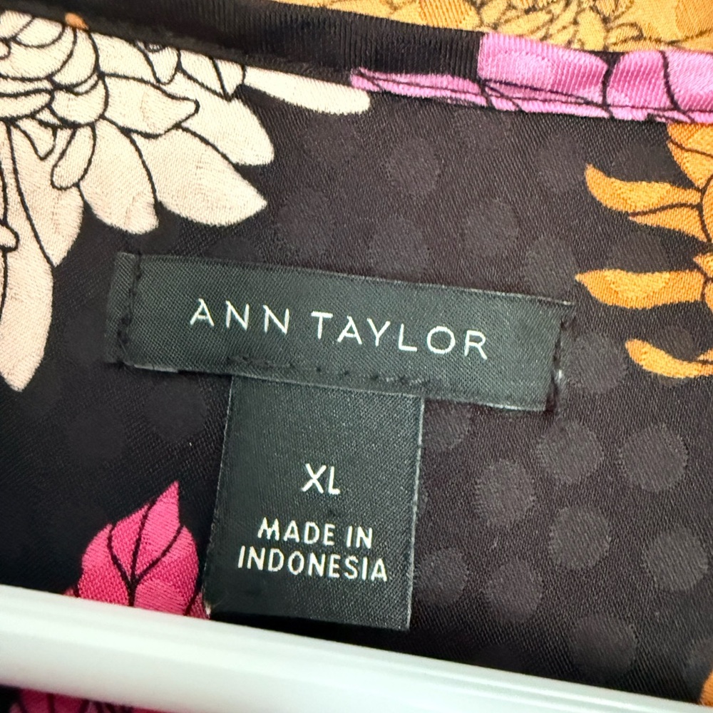 Ann Taylor Black Floral Bow-Tie Blouse with Pink & Orange Flowers - Picture 9 of 9